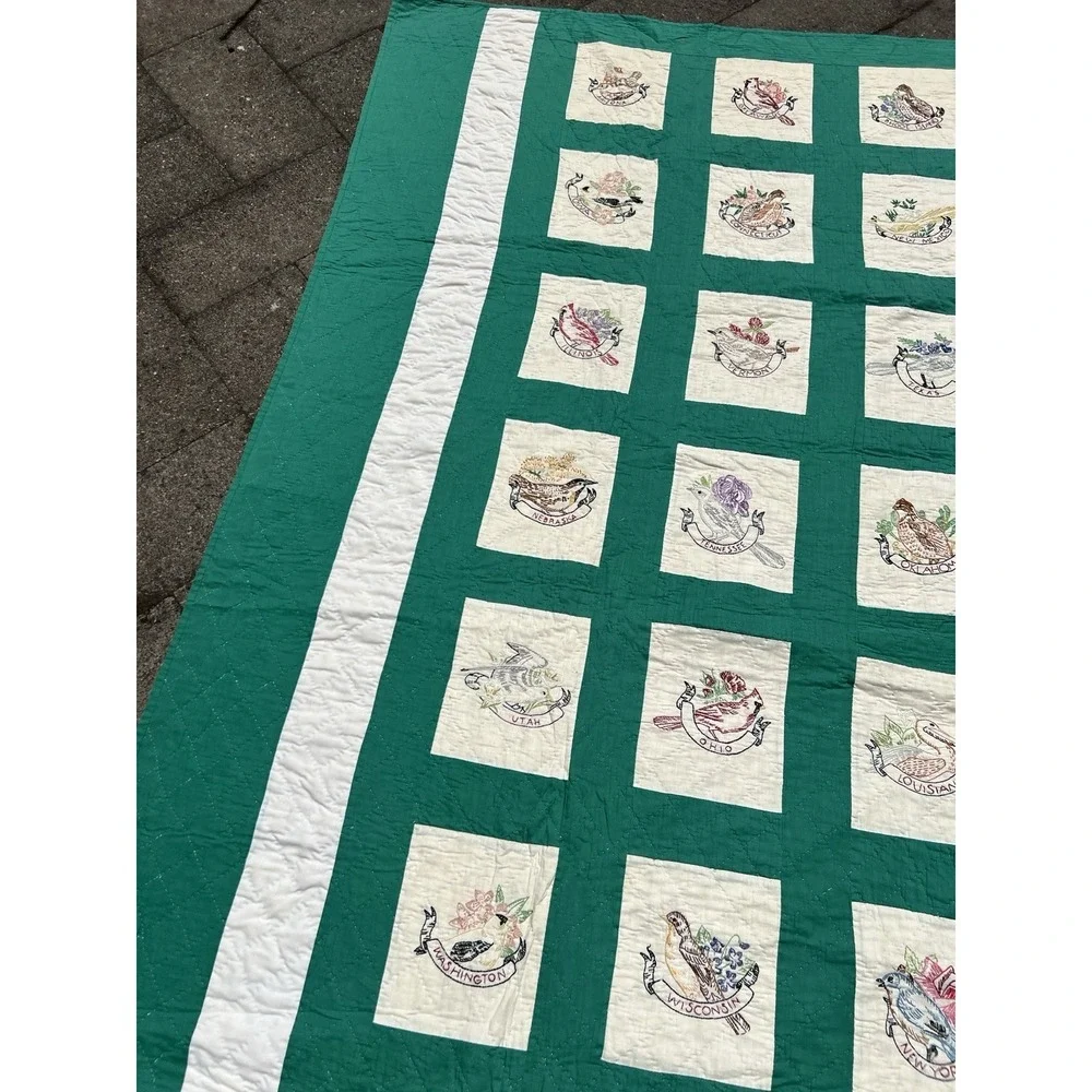 Vintage Heirloom 48 State Bird Fully Hand Stitched And Embroidered Quilt 81x88